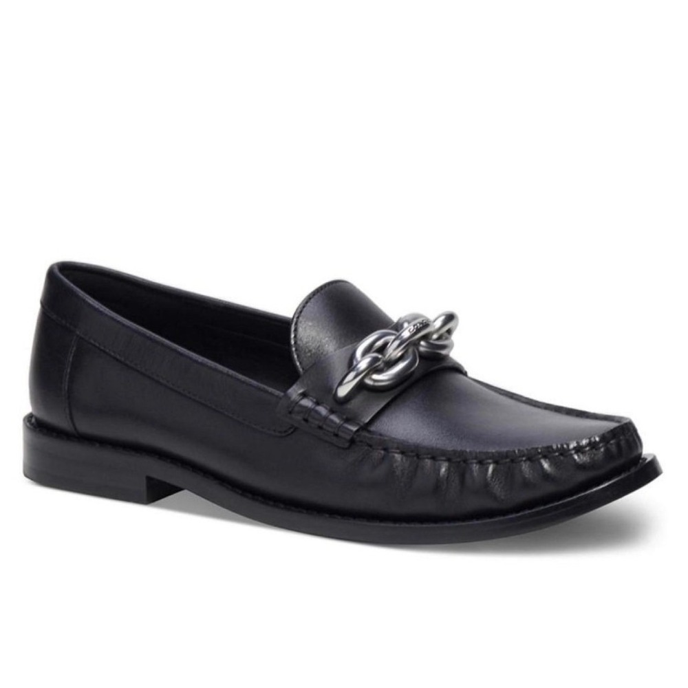 Coach Jess Loafer Black Leather Silver Chain Link Slip On Shoes Size 8.5B NEW